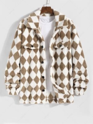 Alternative view of ZAFUL Men's Colorblock Argyle Pattern Button Front Fluffy Teddy Fleece Jacket - Coffee M
