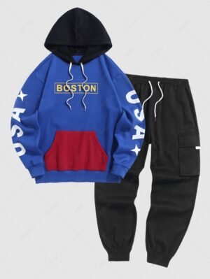 Men's Colorblock Star BOSTON Graphic Thermal Fleece Lined Hoodie And Flap Pocket Drawstring Elastic Waist Streetwear Casual Techwear Jogger Cargo Pants Set - Blue