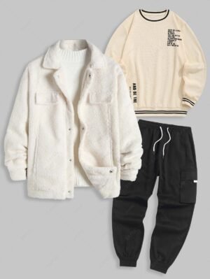 Alternative view of Men's Daily Winer Outfits Fluffy Polar Fleece Button Fly Jacket And Letter Slogan Textured Sweatshirt And Streetwear Techwear Jogger Cargo Pants Set - Multi-a