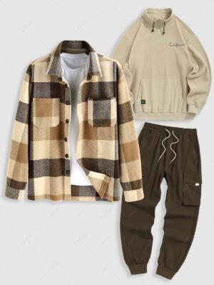 Men's Winter Outfits Plaid Pattern Wool Blend Shacket And Quarter Zip Letter Embroidery Polar Fleece Fluffy Sweatshirt And Streetwear Techwear Jogger Cargo Pants Set - Coffee