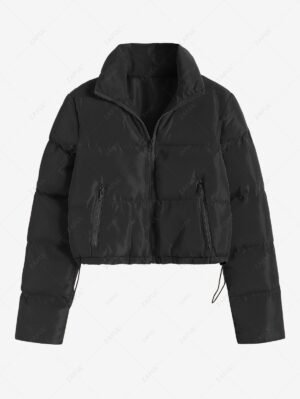 Women's Daily Streetwear Quilted Padded Puffer Zip Up Solid Color Zippered Pockets Jacket - Black M