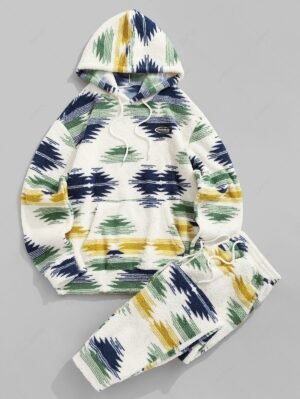 ZAFUL Men's Fleece Fluffy Vintage Ethnic Colorblock Kangaroo Pocket Hoodie Drawstring Jogger Pants Matching Two Piece Set - Deep Green L
