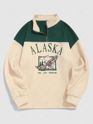 Streetwear Vintage ALASKA Graphic Eagle Printed Colorblock Fleece Quarter Zip Sweatshirt - Light Yellow L
