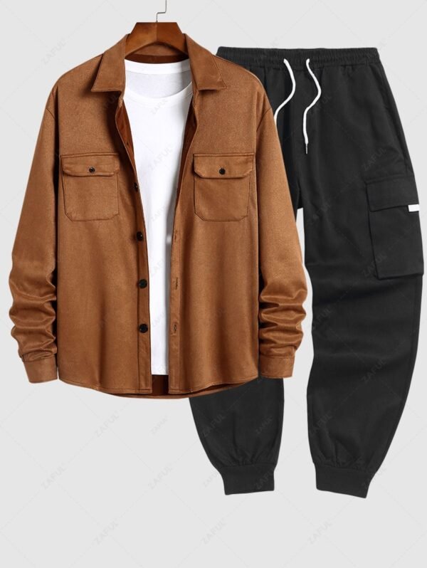 Men's Faux Suede Pocket Solid Color Long Sleeves Shirt And Streetwear Casual Techwear Jogger Cargo Pants Ser - Deep Coffee - Image 2