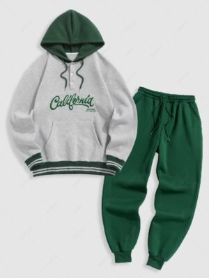 Alternative view of Men's Colorblock California WEST COAST LOS ANGELES Letter Embroidered Kangaroo Pocket Thermal Fleece-lined Pullover Hoodie And Casual Sweatpants Set - Deep Green
