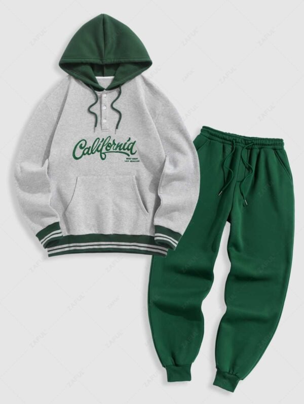 Men's Colorblock California WEST COAST LOS ANGELES Letter Embroidered Kangaroo Pocket Thermal Fleece-lined Pullover Hoodie And Casual Sweatpants Set - Deep Green - Image 2