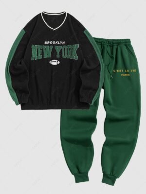Alternative view of Men's Fleece Lined Tracksuits Preppy BROOKLYN NEW YORK Letter Embroidered Baseball Sweatshirt C'EST LA VIE PARIS Jogger Sweatpants Two Piece Set - Green