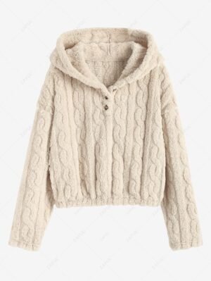 ZAFUL Women's Fluffy Fuzzy Faux Fur Cable Jacquard Textured Half Button Short Pullover Daily Casual Hoodie - Light Coffee M