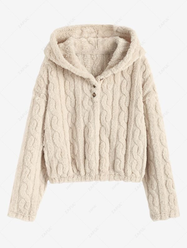 ZAFUL Women's Fluffy Fuzzy Faux Fur Cable Jacquard Textured Half Button Short Pullover Daily Casual Hoodie - Light Coffee M