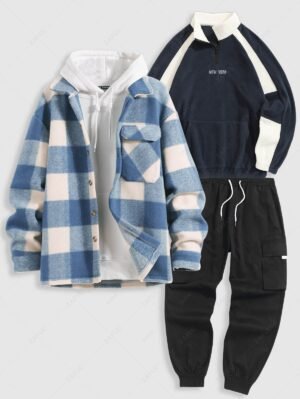 Alternative view of Men's Checked Plaid Colorblock Pocket Woolen Coat And Colorblock NEW YORK Embroidered Quarter Zip Polar Fleece Sweatshirt And Streetwear Techwear Jogger Cargo Pants Set - Blue