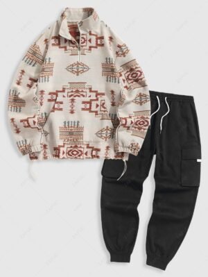 Alternative view of Men's Vintage Ethnic Aztec Print Woolen Kangaroo Pocket Quarter Zip Pullover Sweatshirt And Streetwear Casual Techwear Jogger Cargo Pants Set - Multi-a