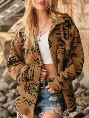 Alternative view of Women's Ethnic Aztec Print Faux Fur Button Up Turn Down Collar Jacket - Coffee L