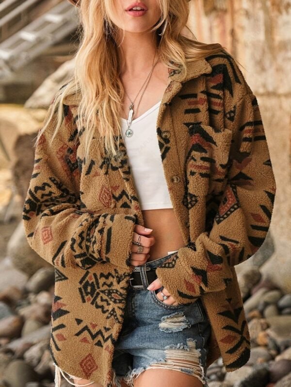 Women's Ethnic Aztec Print Faux Fur Button Up Turn Down Collar Jacket - Coffee L - Image 2