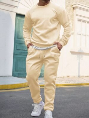 Men's Basic Minimalist Style Solid Color Crew Neck Fleece-lined Sweatshirt And Drawstring Beam Feet Jogger Pants Set - Light Coffee 2xl