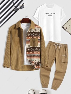 Alternative view of Men's 3Pcs Retro Ethnic Aztec Printed Corduroy Spliced Shacket And Letter Printed Casual Summer T-shirt And Jogger Cargo Pants Set - Coffee