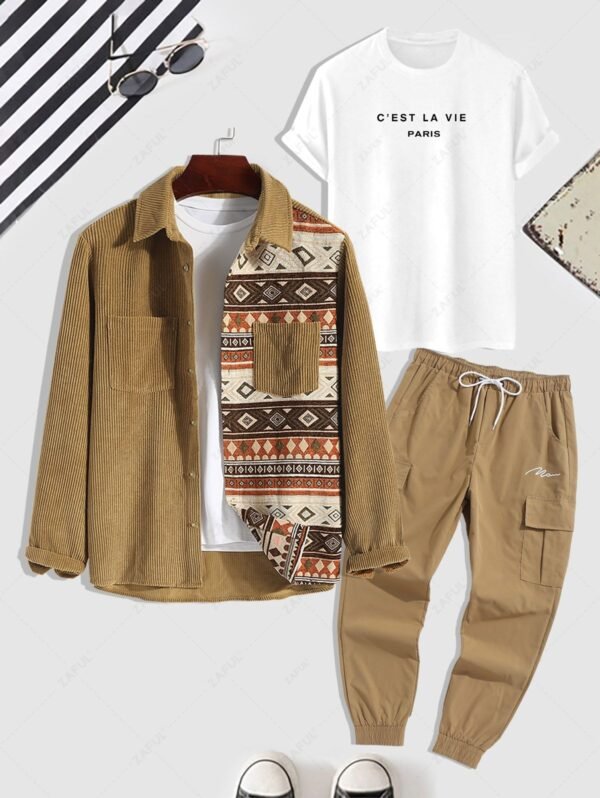 Men's 3Pcs Retro Ethnic Aztec Printed Corduroy Spliced Shacket And Letter Printed Casual Summer T-shirt And Jogger Cargo Pants Set - Coffee - Image 2