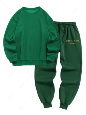Men's Daily Casual Jacquard Design Drop Shoulder Solid Color Crew Neck Pullover Sweatshirt And C'EST LA VIE PARIS Letter Printed Drawstring Fleece-lined Sports Jogger Pants Set - Deep Green