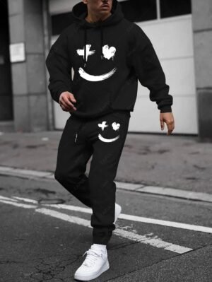 Alternative view of Men's Casual Fleece Lined Drippy Heart Smile Face Graphic Pocket Hoodie Drawstring Jogger Sweatpants Two Piece Set Tracksuit - Black Xxl