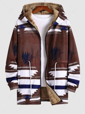 Alternative view of Men's Casual Geometric Pattern Zip Fly Drawstring Fluffy Flocking Hooded Long Coat - Sepia S