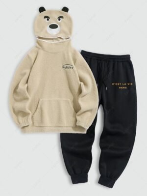 Men's Zip Hooded Letter Embroidered Cartoon Bear Shape Faux Sherpa Fuzzy Hoodie And C'EST LA VIE PARIS Letter Printed Drawstring Fleece-lined Sports Jogger Pants Set - Light Coffee