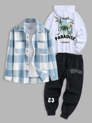 Alternative view of Men's 3PCS PARADISE Letter Coconut Tree Graphic Pattern Pullover Hoodie And Plaid Pattern Wool Blend Shacket And Chicago Letter Printed Fleece-lined Jogger Pants Set - Black