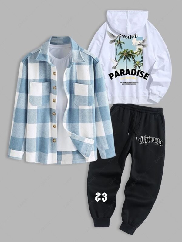 Men's 3PCS PARADISE Letter Coconut Tree Graphic Pattern Pullover Hoodie And Plaid Pattern Wool Blend Shacket And Chicago Letter Printed Fleece-lined Jogger Pants Set - Black