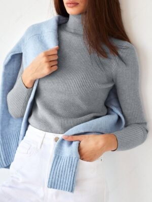 Alternative view of Women's Daily Basic Solid Color Ribbed Knit Turtleneck Pullover Layering Slim Sweater - Gray