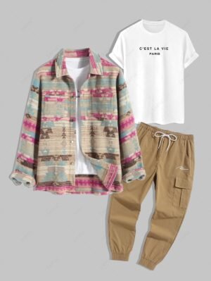 Men's 3Pcs Short Sleeve Crew Neck C'EST LA VIE PARIS Letter Printed T-shirt And Ethnic Aztec Printed Single-breasted Woolen Jacket And Drawstring Jogger Cargo Pants Set - Light Coffee