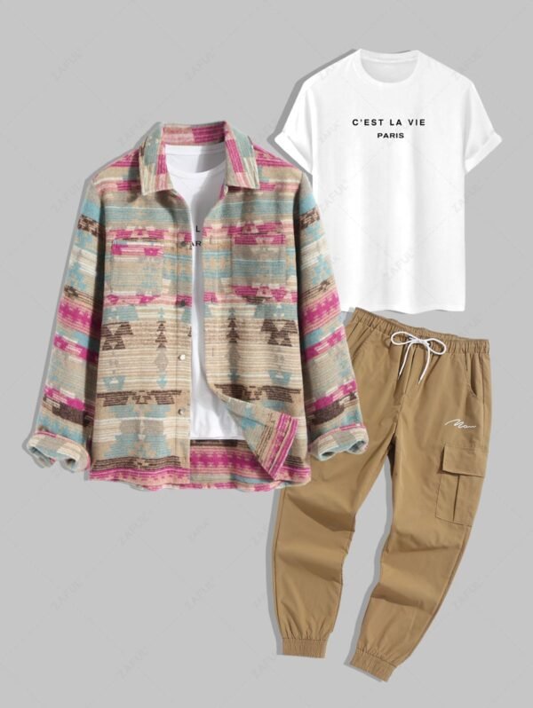 Men's 3Pcs Short Sleeve Crew Neck C'EST LA VIE PARIS Letter Printed T-shirt And Ethnic Aztec Printed Single-breasted Woolen Jacket And Drawstring Jogger Cargo Pants Set - Light Coffee