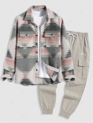 Alternative view of Men's Tribal Geometric Ethnic Aztec Printed Blend Wool Jacket And Drawstring Jogger Cargo Pants - Light Pink