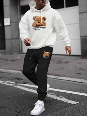 Men's Cartoon Bear Letter Graphic Pattern Kangaroo Pocket Fleece-lined Hoodie And Beam Feet Drawstring Jogger Pants Set - Multi-a Xxl