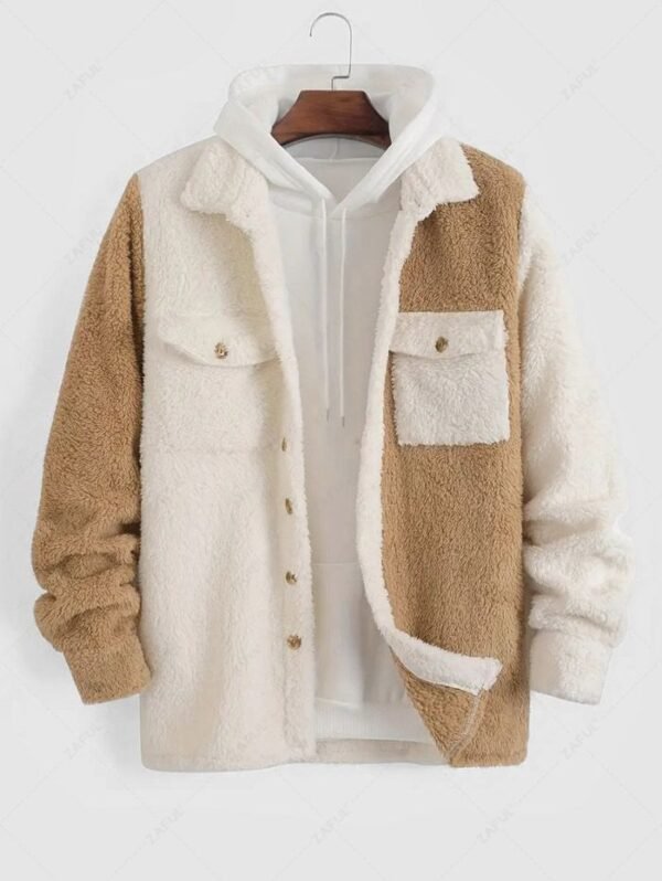 Men's Colorblock Contract Color Fluffy Fleece Front Double Pocket Button Jacket - Coffee L - Image 2