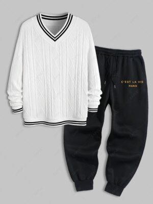 Alternative view of Men's V Neck Striped Geometric Cricket Sweater And C'EST LA VIE PARIS Printed Drawstring Fleece-lined Sports Jogger Pants Set - White