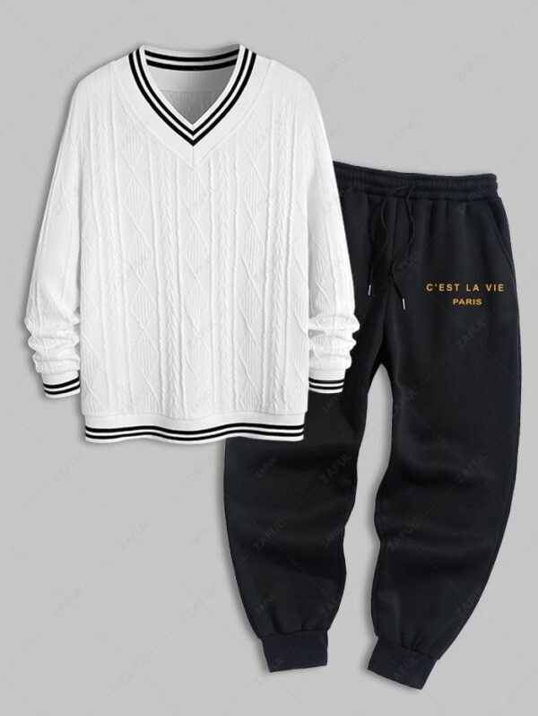 Men's V Neck Striped Geometric Cricket Sweater And C'EST LA VIE PARIS Printed Drawstring Fleece-lined Sports Jogger Pants Set - White