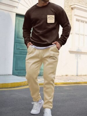 Alternative view of Men's Casual Letter Slogan Pattern Thermal Fleece-lined Pullover Crew Neck Sweatshirt And Drawstring Jogger Sweatpants Set - Deep Coffee M
