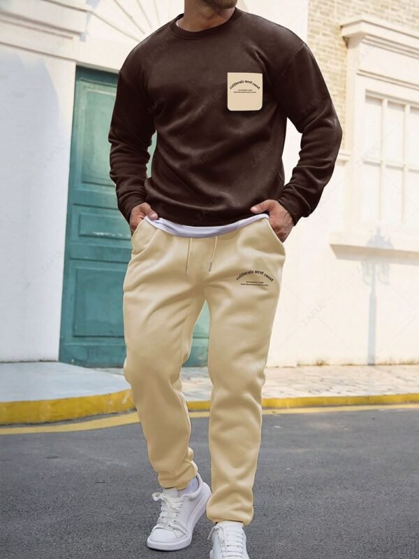 Men's Casual Letter Slogan Pattern Thermal Fleece-lined Pullover Crew Neck Sweatshirt And Drawstring Jogger Sweatpants Set - Deep Coffee M - Image 2