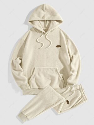 Men's Solid Color Label Design Fuzzy Fleece Kangaroo Pocket Hoodie And Drawstring Jogger Pants Set - Crystal Cream Xxl