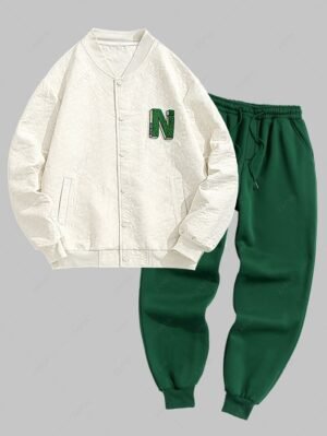 Men's College Style Solid Color Jacquard Texture Alphabet Embroidered Appliques Baseball Collar Jacket And Thermal Fleece-lined Sweatpants Set - Deep Green