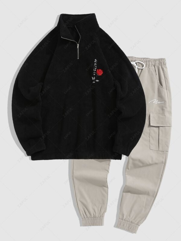 Men's Rose Japanese Embroidered Quarter Zip Stand Collar Fuzzy Fleece Pullover Sweatshirt And Jogger Cargo Pants Set - Black - Image 2