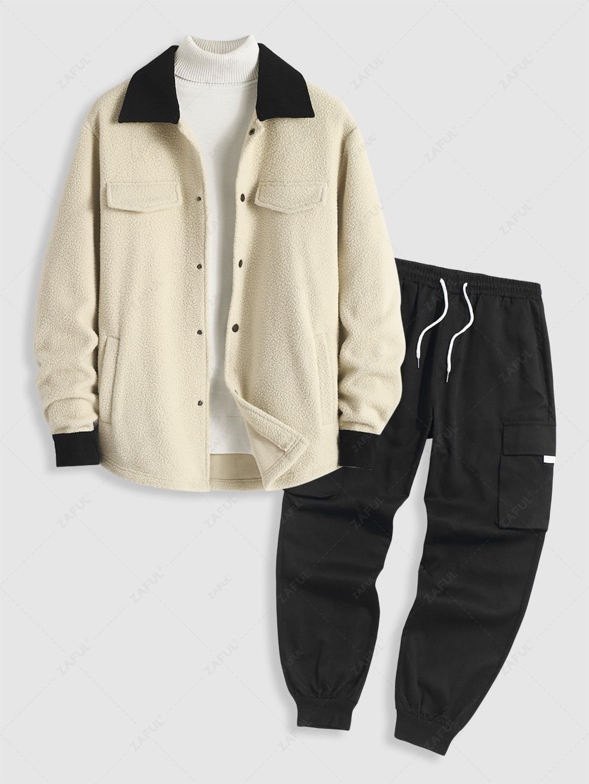 Men's Corduroy Spliced Fluffy Fleece Colorblock Mock Pocket Teddy Jacket And Flap Pocket Streetwear Casual Techwear Jogger Cargo Pants Set - White - Image 2