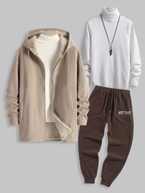 Men's Casual Minimalist Zip Fly Hooded Fleece-lined Woolen Long Coat And Pullover Sweater Warmth Winter Essentials Jumper And Fuzzy West Coast Embroidered Polar Fleece Sweatpants Set - Light Coffee