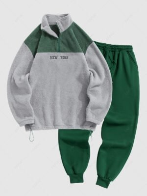 Alternative view of Men's Two Tone Colorblock NEW YORK Embroidered Quarter Zip Fuzzy Fleece Stand Collar Pullover Sweatshirt And Thermal Fleece-lined Casual Sweatpants Set - Deep Green