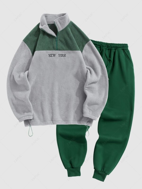 Men's Two Tone Colorblock NEW YORK Embroidered Quarter Zip Fuzzy Fleece Stand Collar Pullover Sweatshirt And Thermal Fleece-lined Casual Sweatpants Set - Deep Green