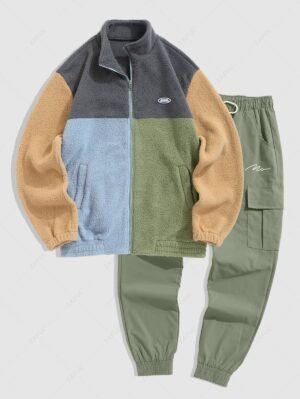 Alternative view of Men's Casual Fleece Fluffy Colorblock Stand Collar Zip Up Pocket Applique Design Jacket And Jogger Cargo Pants Set - Blue Gray