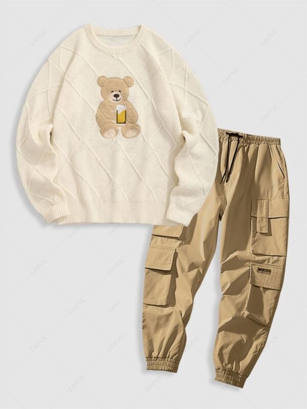 Men's Terry Cloth Bear Embroidered Patch Design Round Neck Pullover Knitted Sweater And Pockets Cargo Jogger Techwear Pants Set - Light Coffee - Image 2