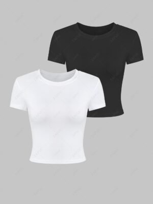 Alternative view of Women's 2Pcs Crew Neck Solid Color Basic Plain Slim Crop Baby Short Sleeves T-shirt - Multi M