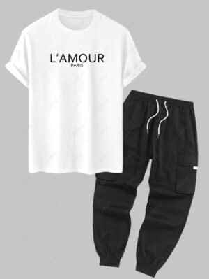 Alternative view of Men's PARIS Letter Printed Short Sleeves T-shirt And Streetwear Casual Techwear Jogger Cargo Pants Set - Black