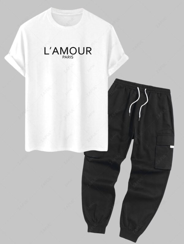 Men's PARIS Letter Printed Short Sleeves T-shirt And Streetwear Casual Techwear Jogger Cargo Pants Set - Black - Image 2