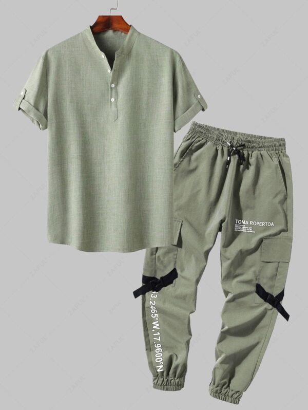Men's Half Buttoned Rolled Up Short Sleeves Popover Shirt And Letter Print Flap Pockets Cargo Jogger Techwear Pants Set - Light Green - Image 2