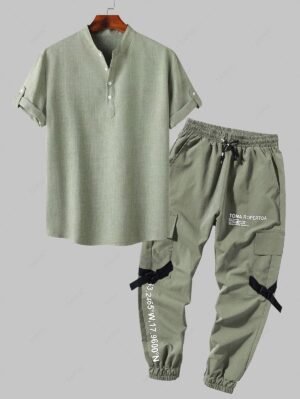 Men's Half Buttoned Rolled Up Short Sleeves Popover Shirt And Letter Print Flap Pockets Cargo Jogger Techwear Pants Set - Light Green